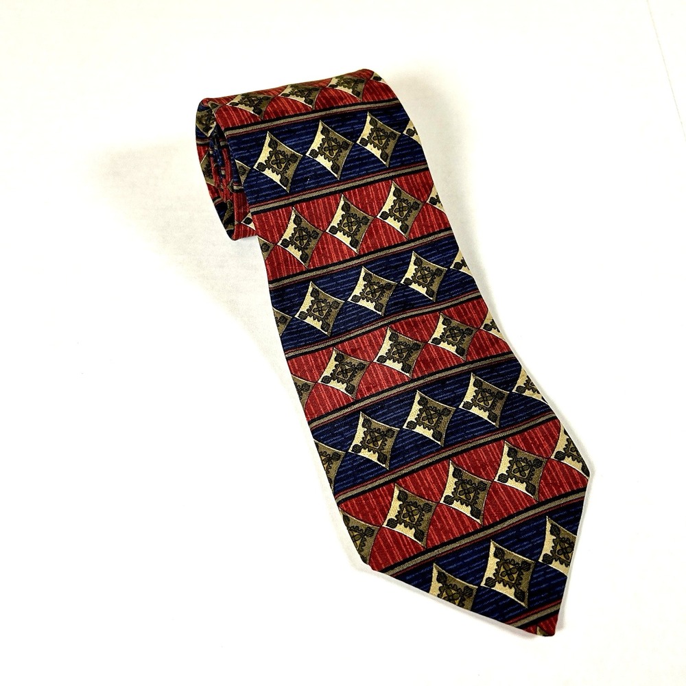 AQUASCUTUM OF LONDON Men's Neck Tie Navy Blue Red Bronze Diamonds Hand Made USA